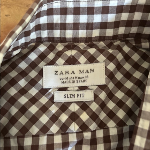 Zara | Slim fit gingham shirt in brown | sz M - Picture 3 of 3